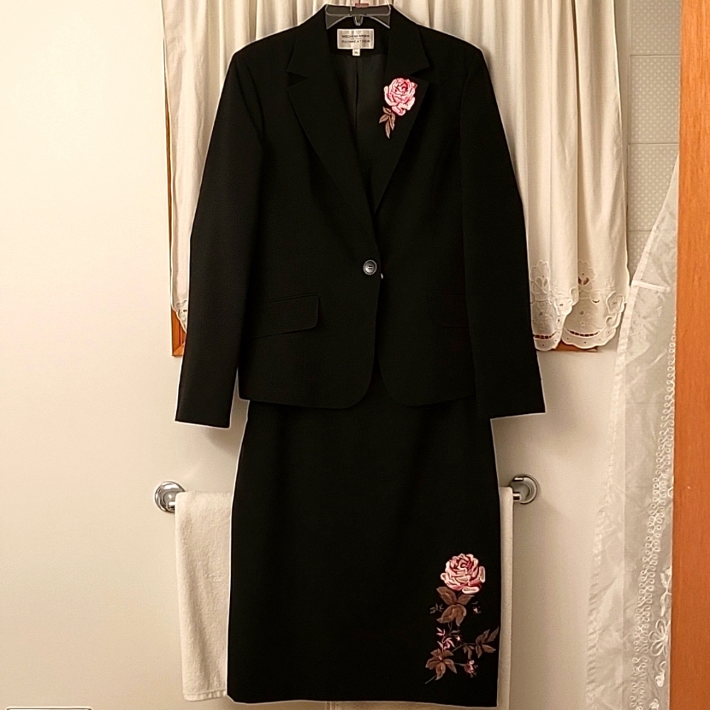 Classic Black Skirt Suit, Rose Floral Embroidery, 10